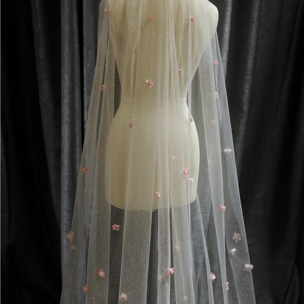 Sheer Sparkle Bridal Veil with Pink Floral Appliqués